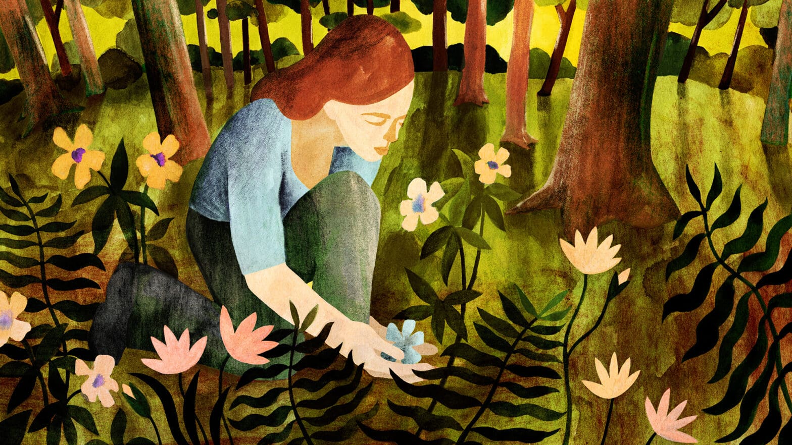 An illustration of a woman reaching for a flower on the forest floor